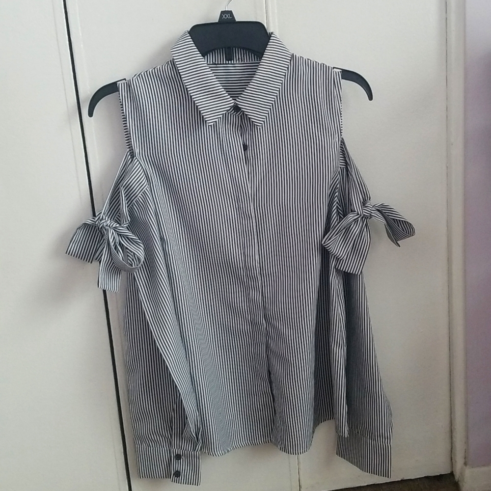 Button down, peekaboo shoulder, pinstriped blouse